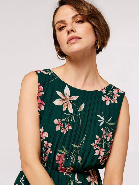 Botanical Pleated Midi Dress, Green, large