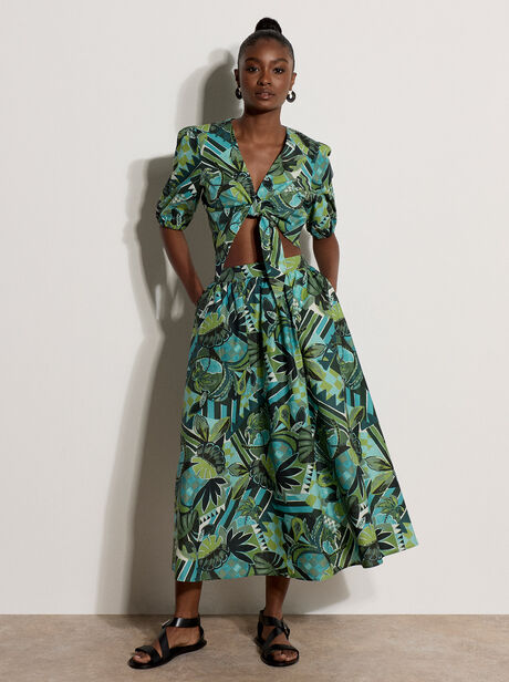 Tropical Leaf Patchwork Cotton Midi Skirt