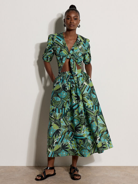 Tropical Leaf Patchwork Cotton Midi Skirt, Aqua - Turquoise, large