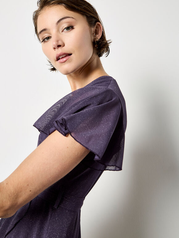 Sparkle Wrap Ruffle Mini Dress, Purple, large