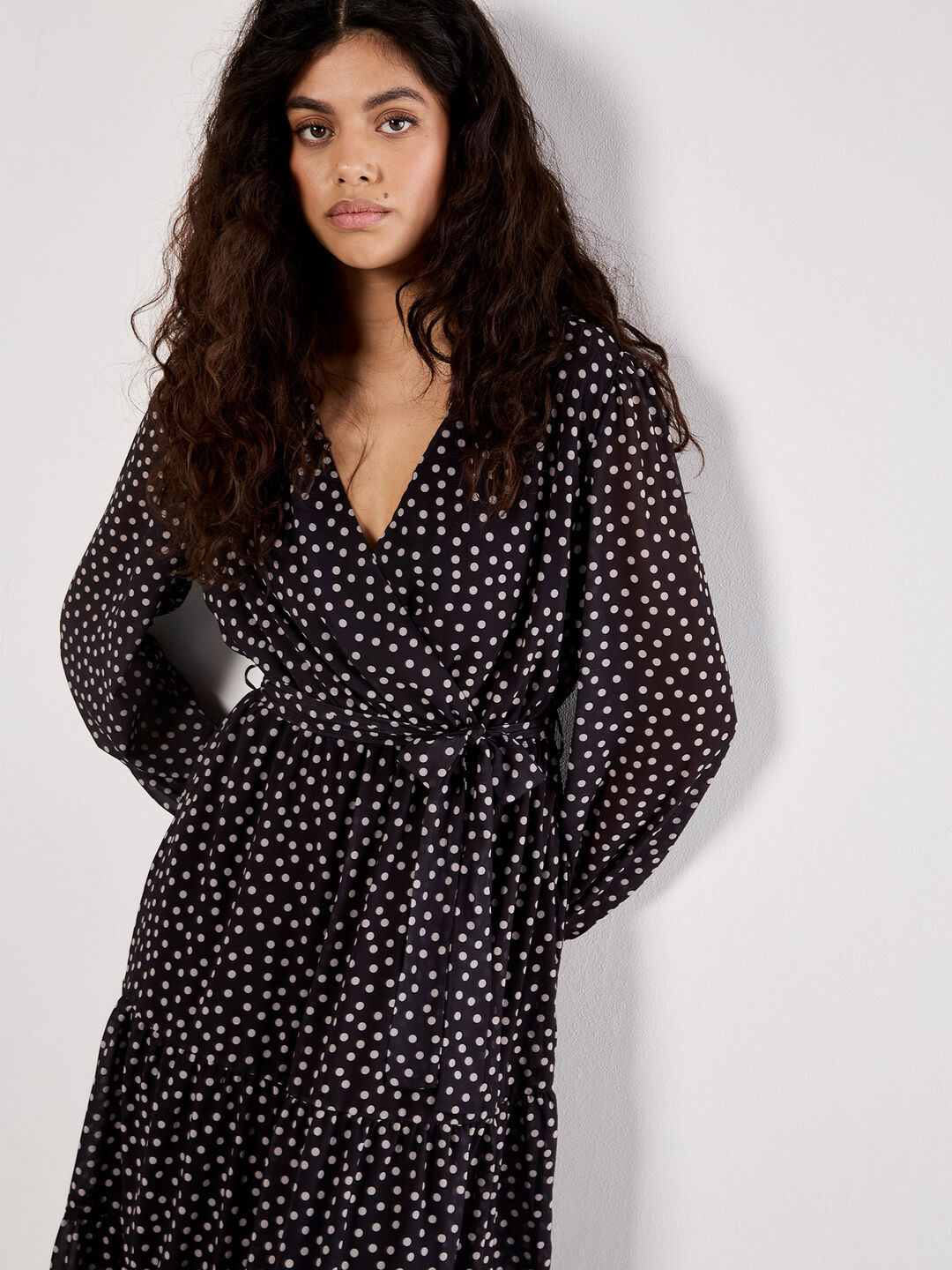 Polka Dot Chiffon Wrap Midi Dress | Apricot Clothing