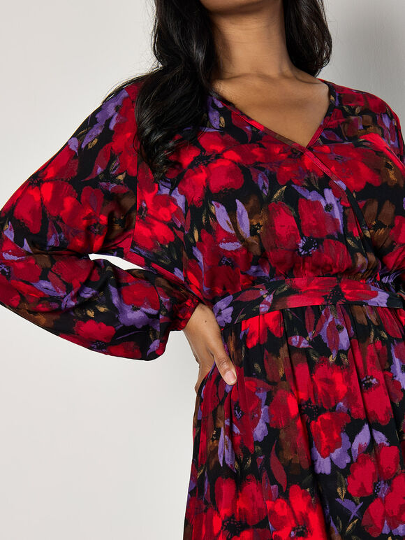Curve Floral Wrap Midaxi Dress, Red, large