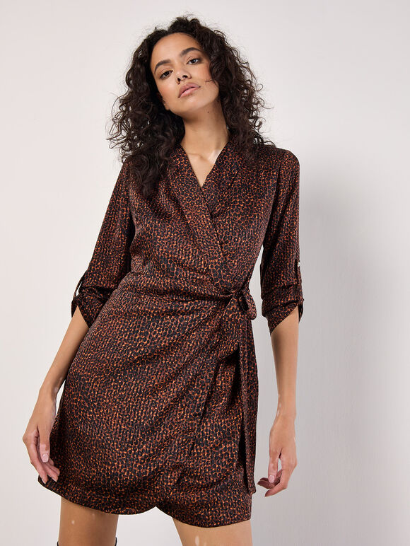 Animal Print Satin Wrap Mini Dress, Rust, large