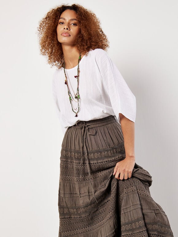 Cotton Crochet Lace Tiered Maxi Skirt, Khaki, large