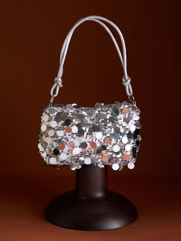 Sequinned Shoulder Bag, Silver, large