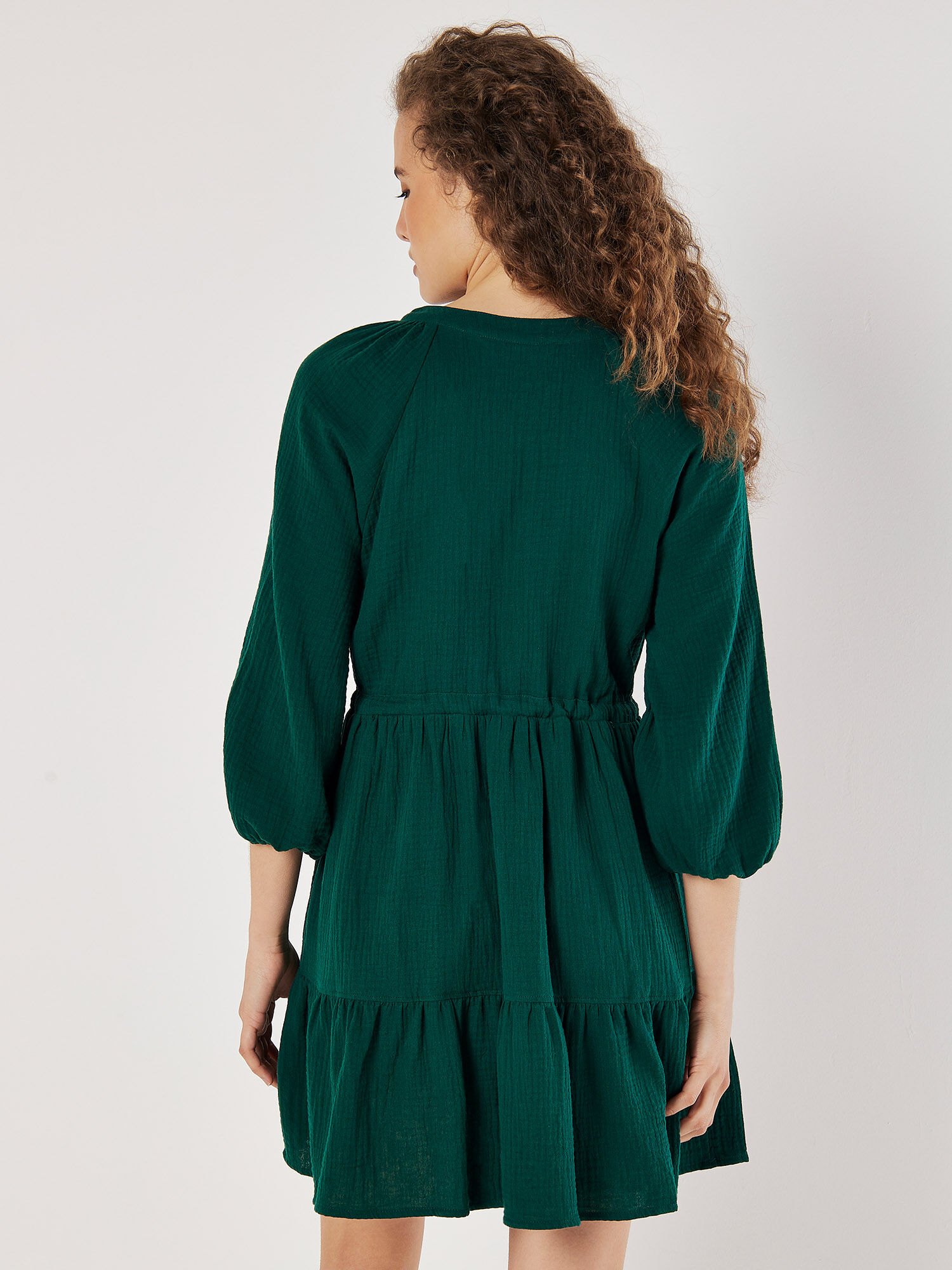 Textured Cotton Drawstring Mini Dress Apricot Clothing