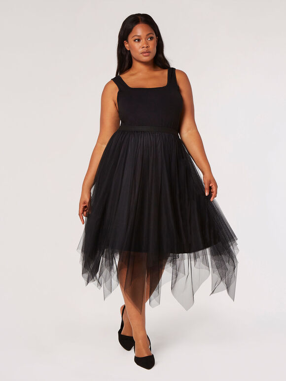 Jupe Tutu Midi Curve en Tulle, Noir, large