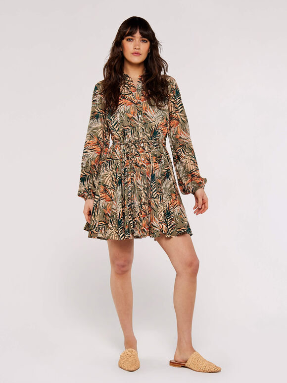 Tropical  Shirt Mini Dress, Khaki, large