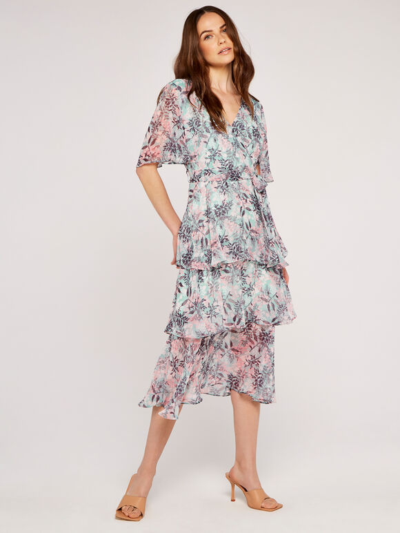 Meadow Print Tiered Midi Dress, Mint, large