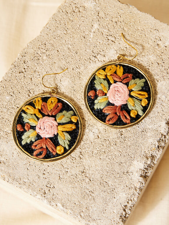 Boucles d'oreilles fleurs brodées à la main, noires, grandes