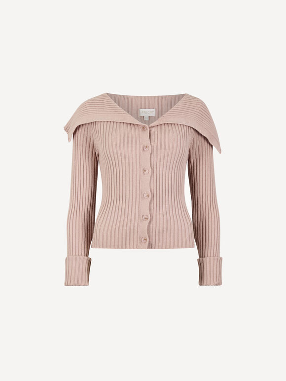 Wide Collar Ribbed Knit Cardigan, Pink, large