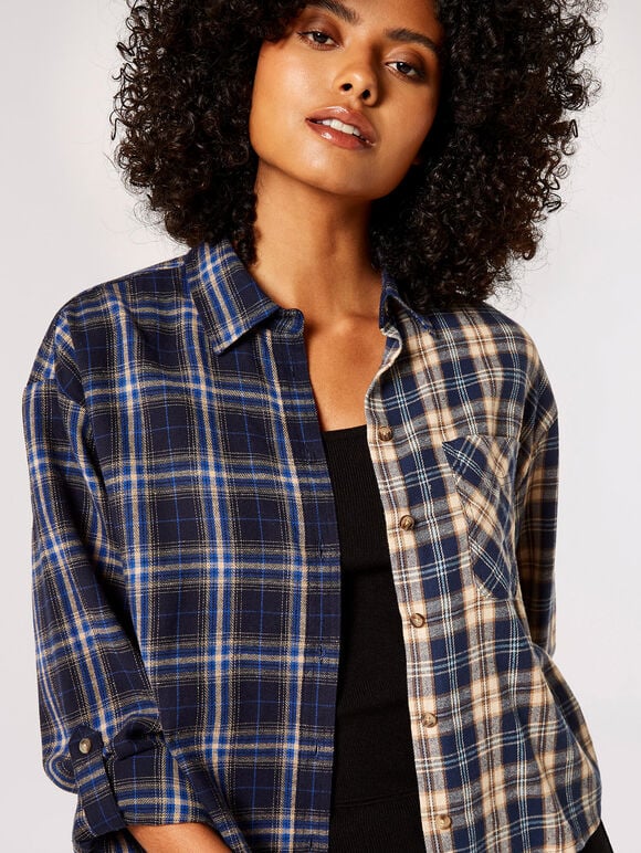 Contrast Check Boxy Shirt, Navy, large