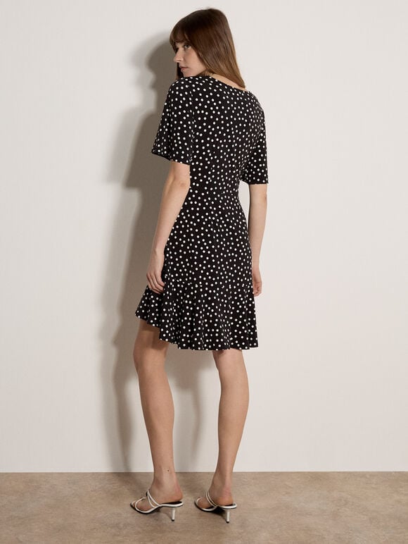 Side Ruche Polkadot Wrap Dress, Black, large