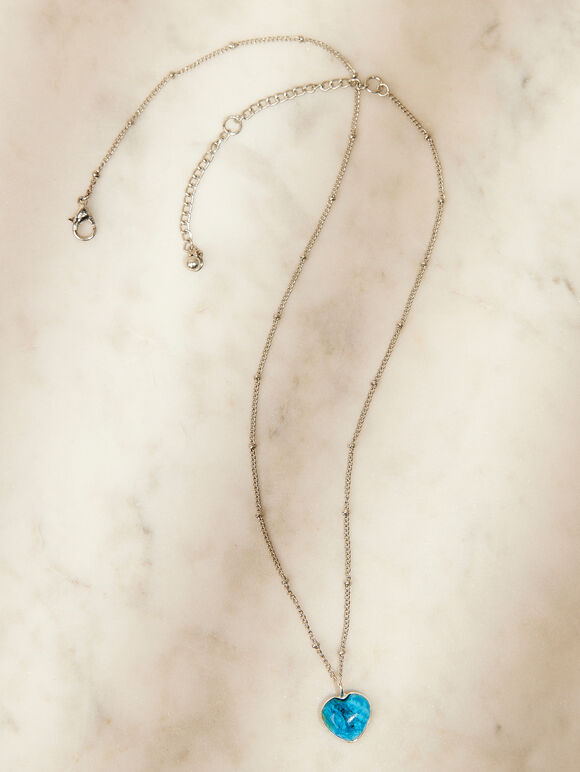 Silver Tone Green Stone Heart Necklace, Green, large
