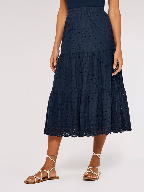 Broderie Tiered Midi Skirt, Navy, large