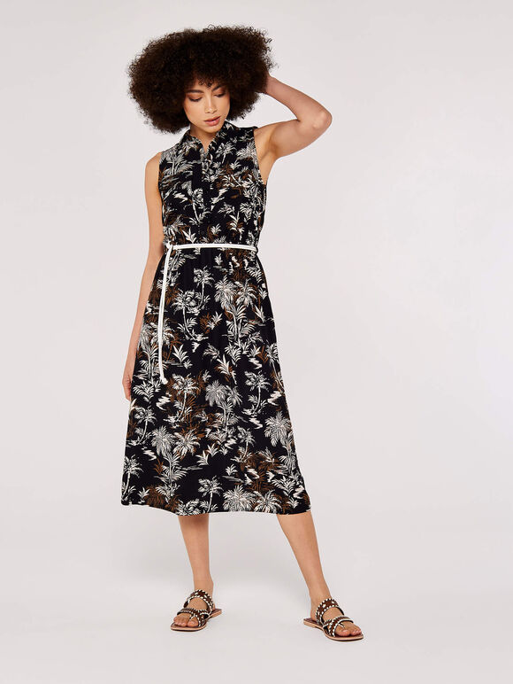 Palm Scene Midi Dress, Black, large