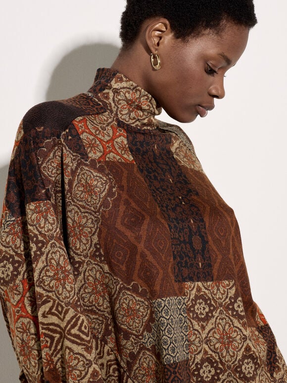 Patchwork Tapestry Roll Neck Top, Rust, large