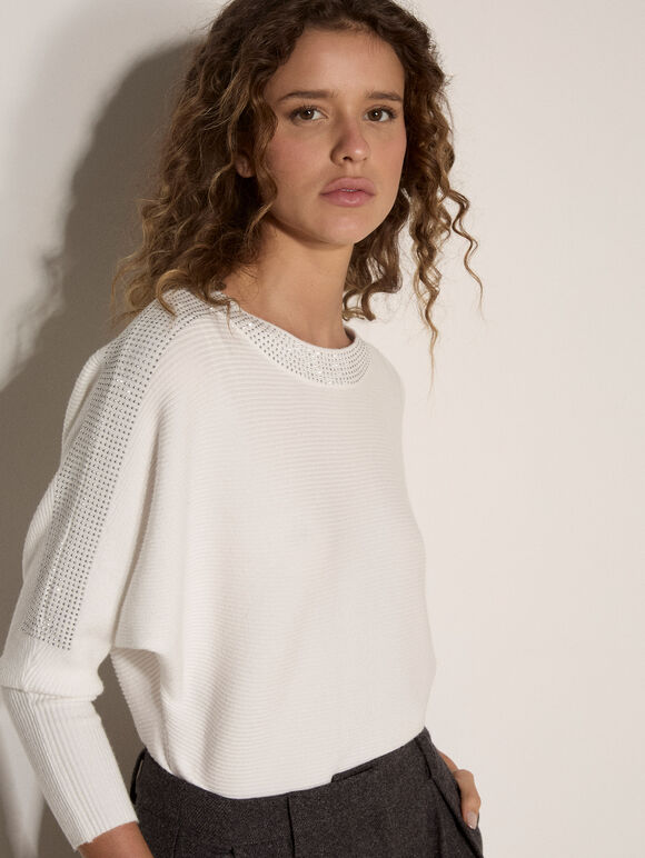 Diamante Embellished Ribbed Jumper, White, large