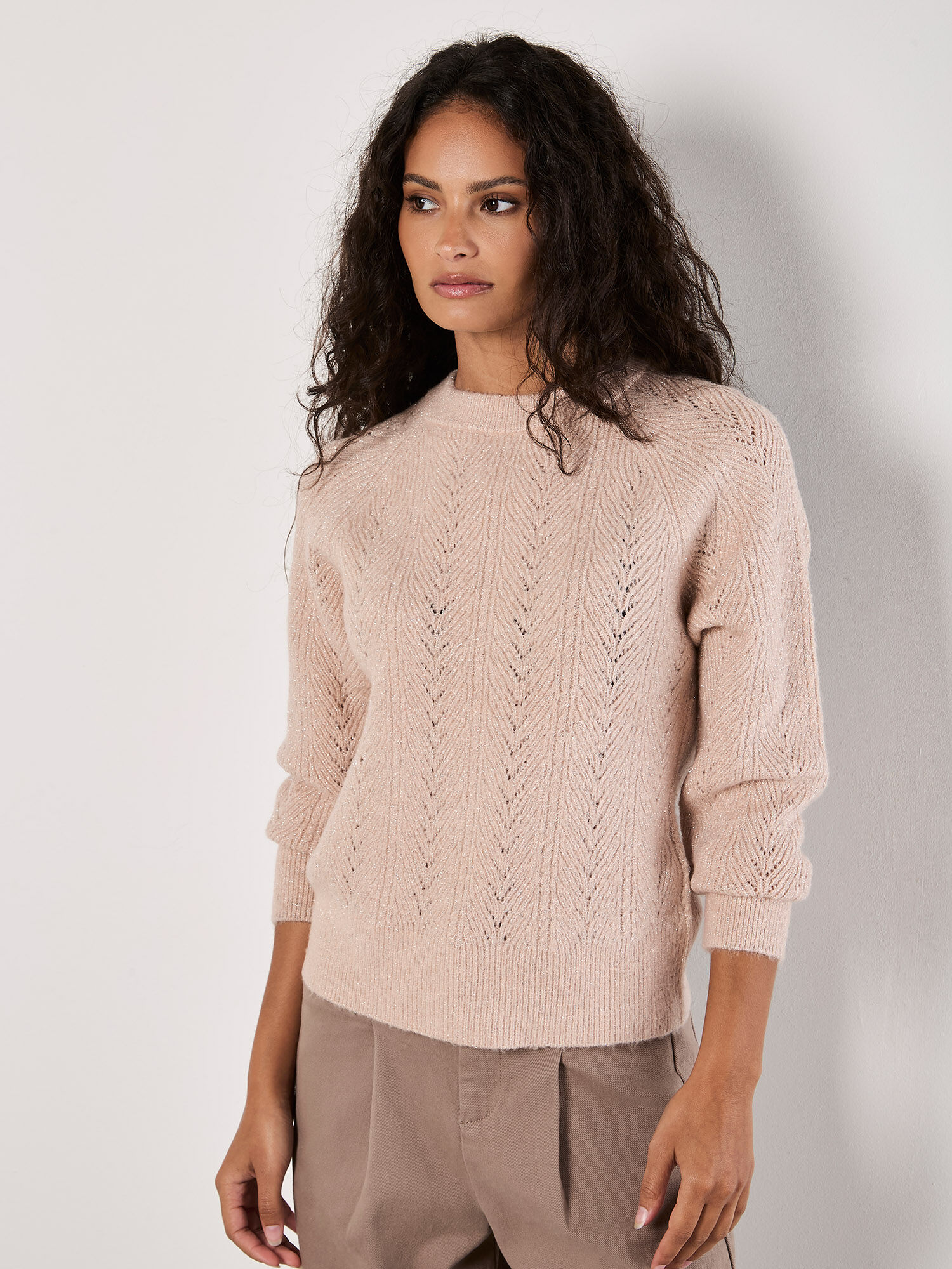 Chevron Pointelle Shimmer Jumper Apricot Clothing