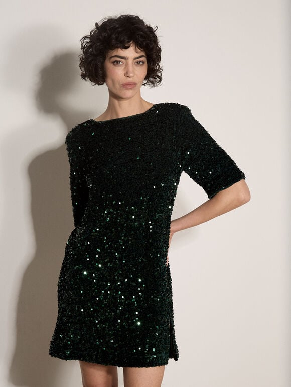 Sequin Embellished Mini Dress, Green, large