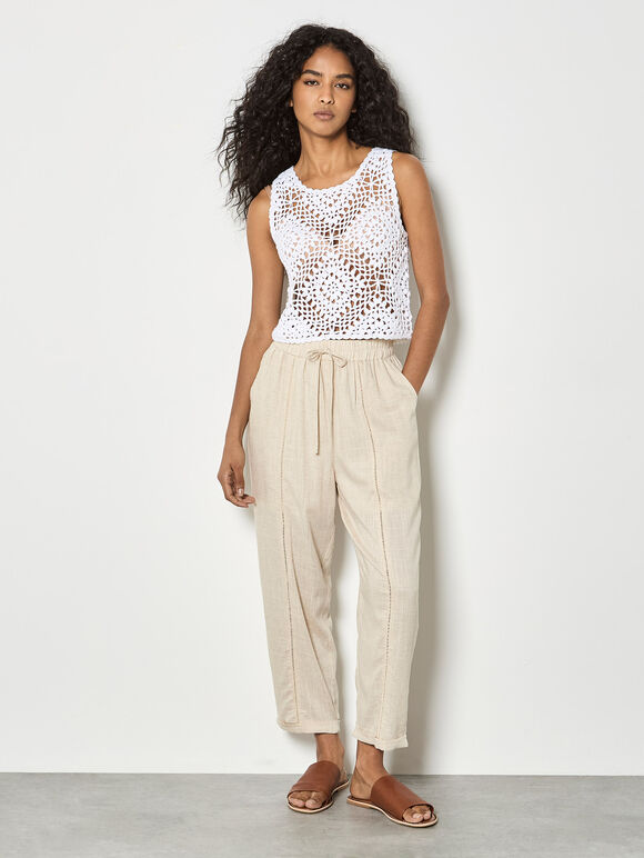 Ladder Lace Insert Linen Joggers, Stone, large