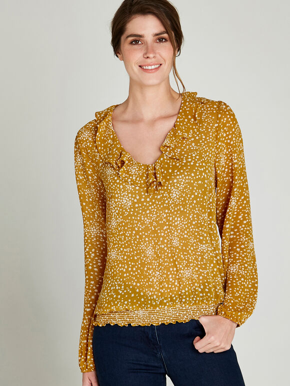 Star Print Ruffle Detail Blouse, Mustard, large