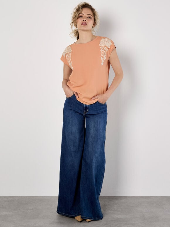 Floral Embroidered Crepe Top, Peach, large
