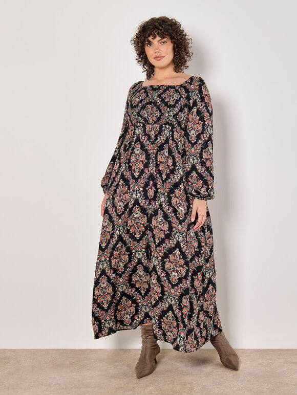 Curve Folk Diamond Smocked Midi Dress, Black, large
