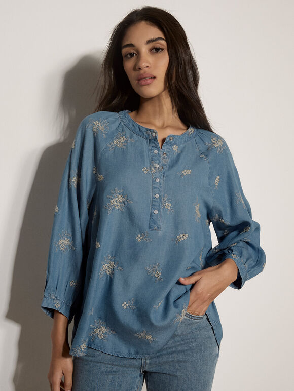 Floral Embroidered Denim Blouse, Blue, large