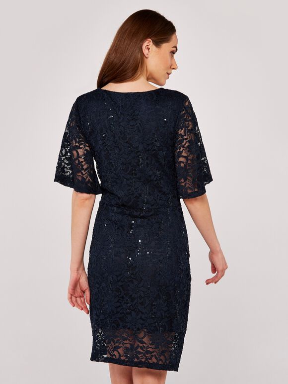 Sequin Front Knot Lace Dress, Navy, large