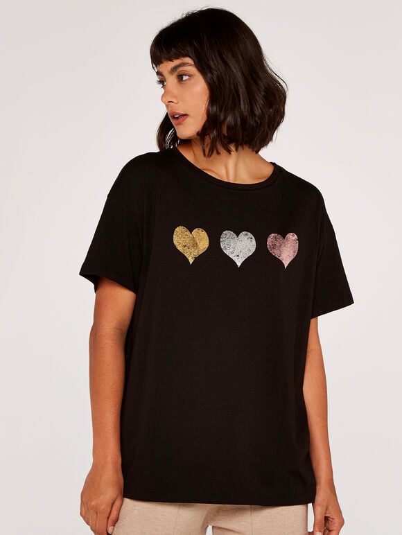 T-Shirt mit schillernden Herzen, Schwarz, groß