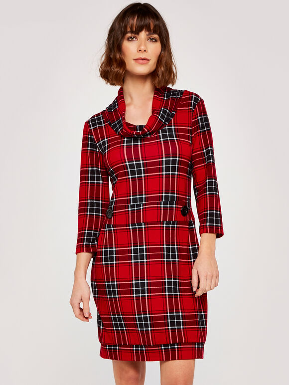 Punk Check Button Dress, Red, large