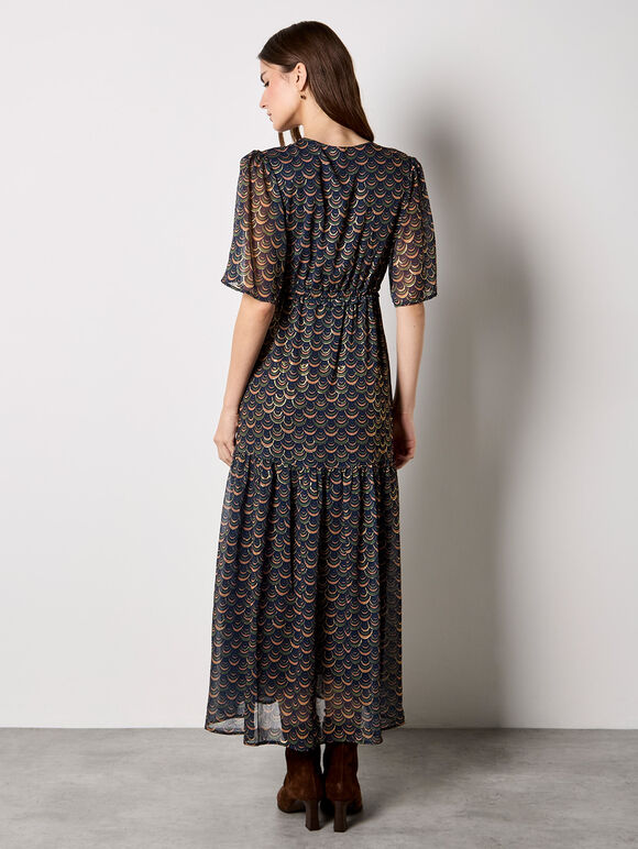 Gold foil Scallop Chiffon Maxi Dress, Navy, large