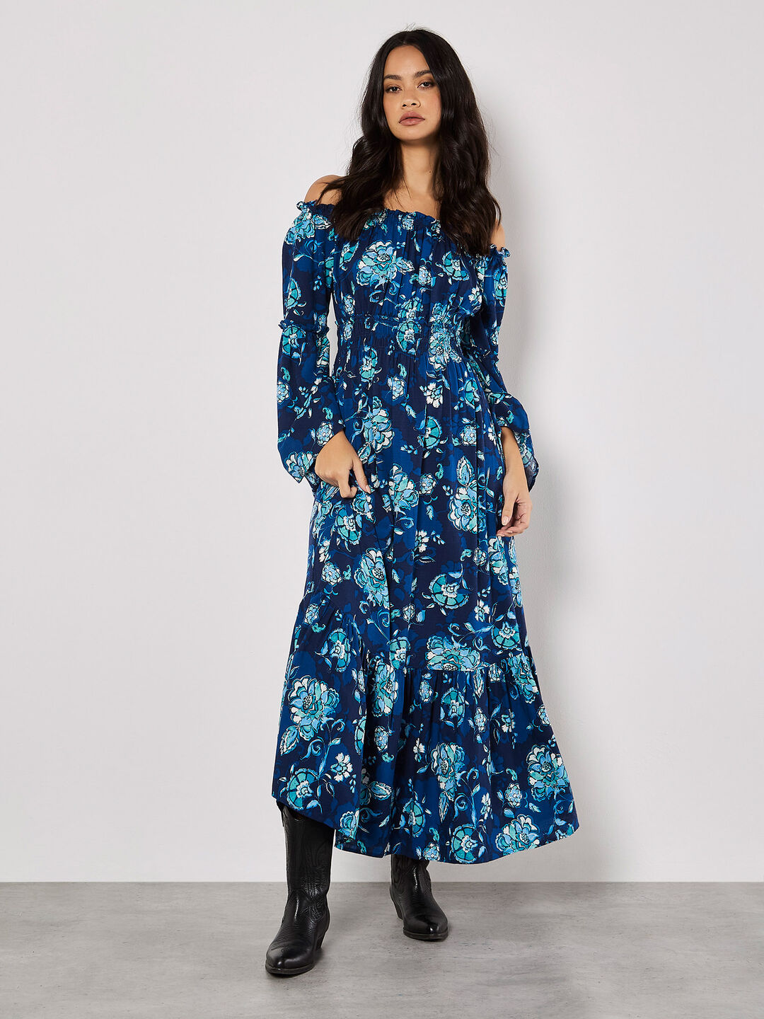 chinese dress ladies Navy Floral Bardot Printed Maxi Dress – AX Paris main image 1