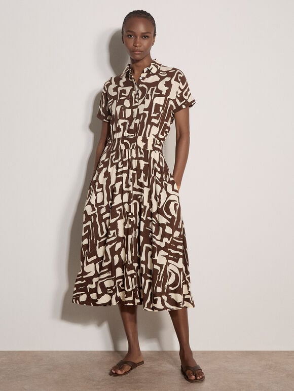 Geo Grecian Shirt Midi Dress, Brown, large