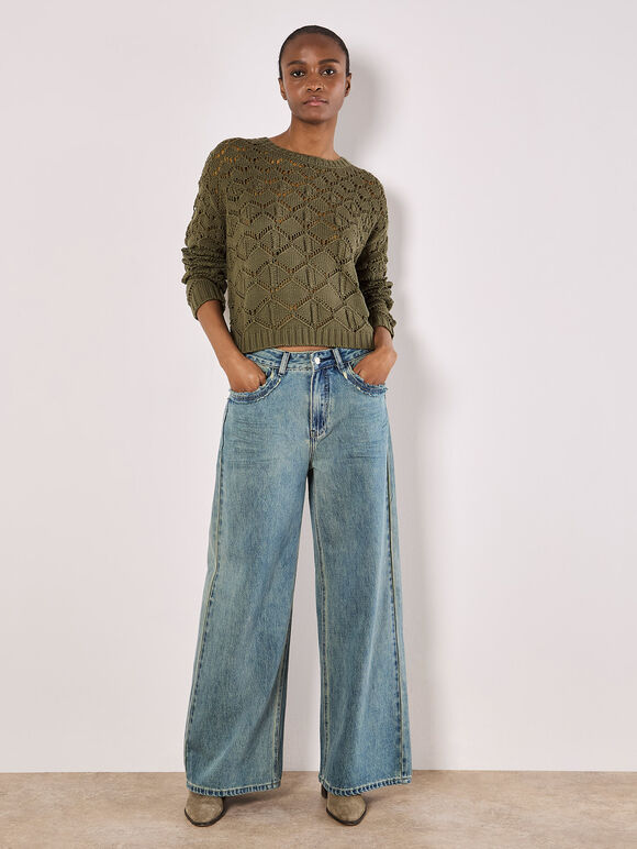 Diamond Pointelle Boxy Jumper, Khaki, large