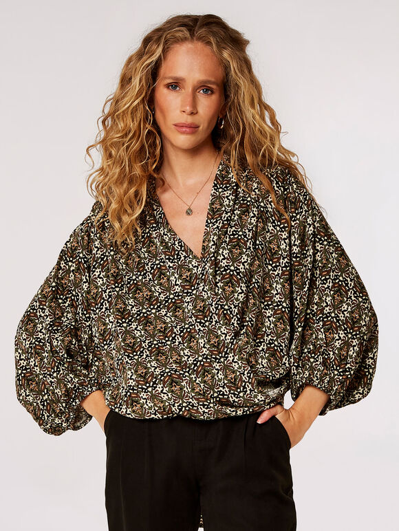 Ikat Tile Print Wrap Top, Khaki, large