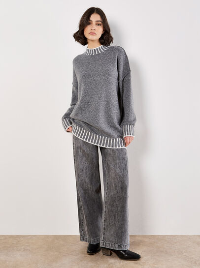 Stripe Trim Mock Neck Oversized Jumper