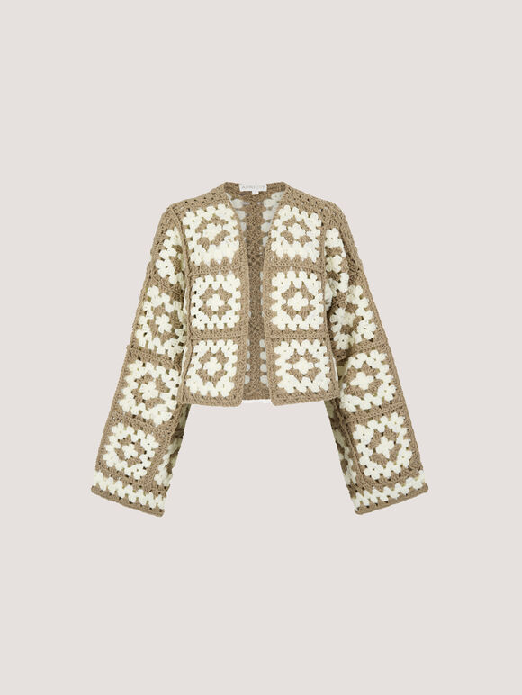 Hand-Knit Crochet Squares Cardigan, Brown, large