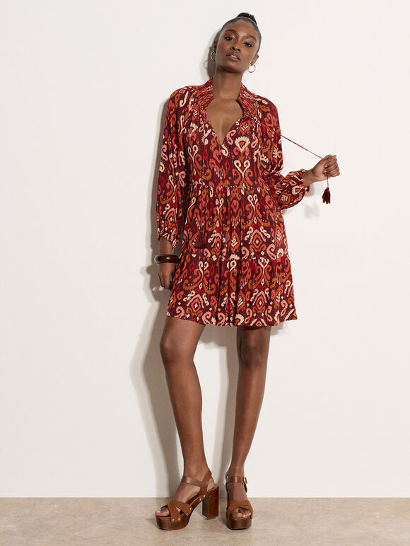 Shimmer Ikat Babydoll Midi Dress, Burgundy, large