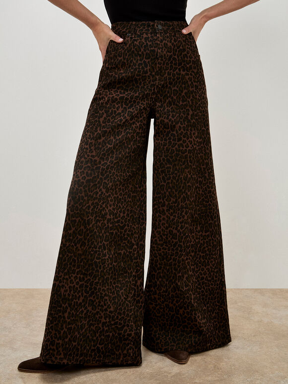 Zoe Wide Leg Leopard Print Jeans, Brown, large