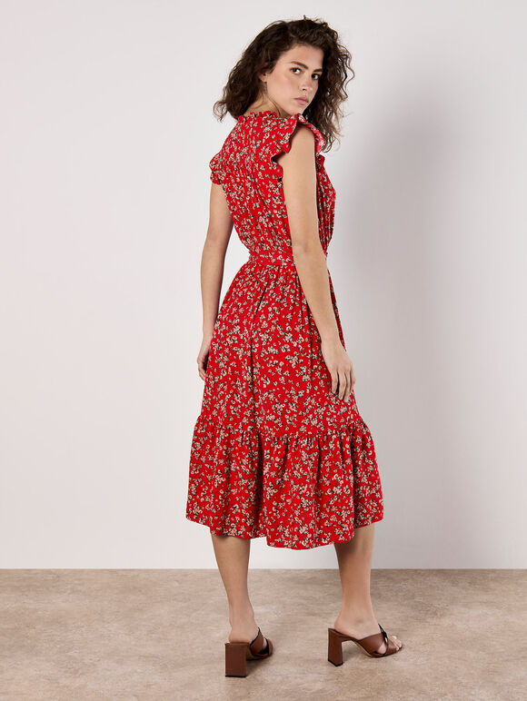 Floral Frill Wrap Midi Dress, Red, large