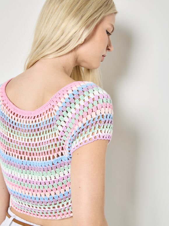 Hand-Crocheted Stripes Crop Top, Pink, large
