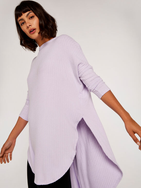Ribbed Curved Hem Top, Lilac, large