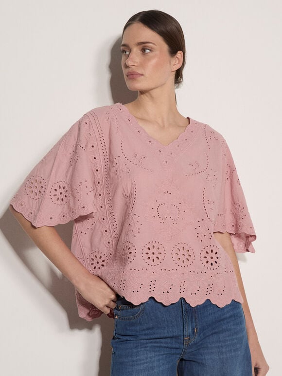 Embroidered Cotton Top, Coral, large