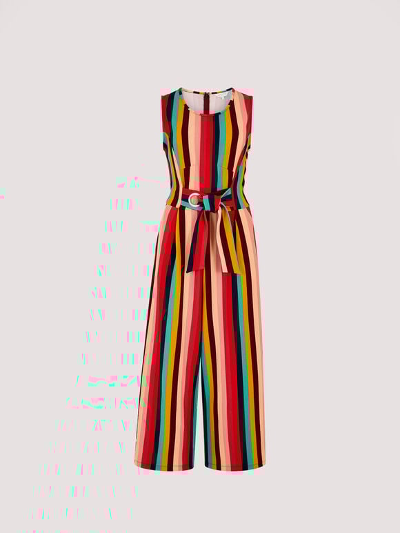 Multi-stripe Tie Waist Jumpsuit, Red, large
