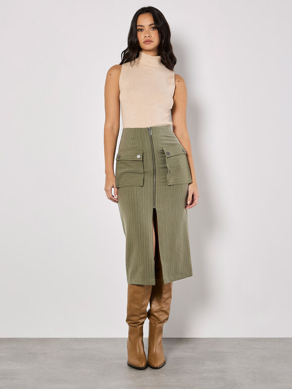Pinstripe Cargo Midi Skirt, Khaki, large