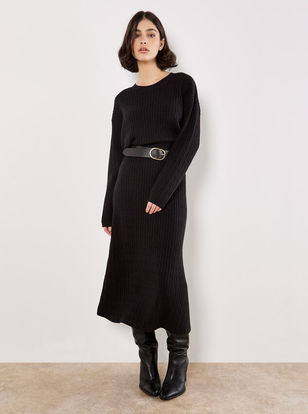 Fine Knit Cable Midi Skirt, Black, large