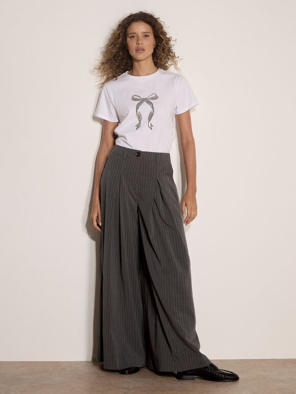 Metallic Bow Print Cotton T-Shirt, Silver, large