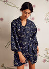 Kimono mit botanischem Print und Taillenschnürung, Marineblau, Größe L